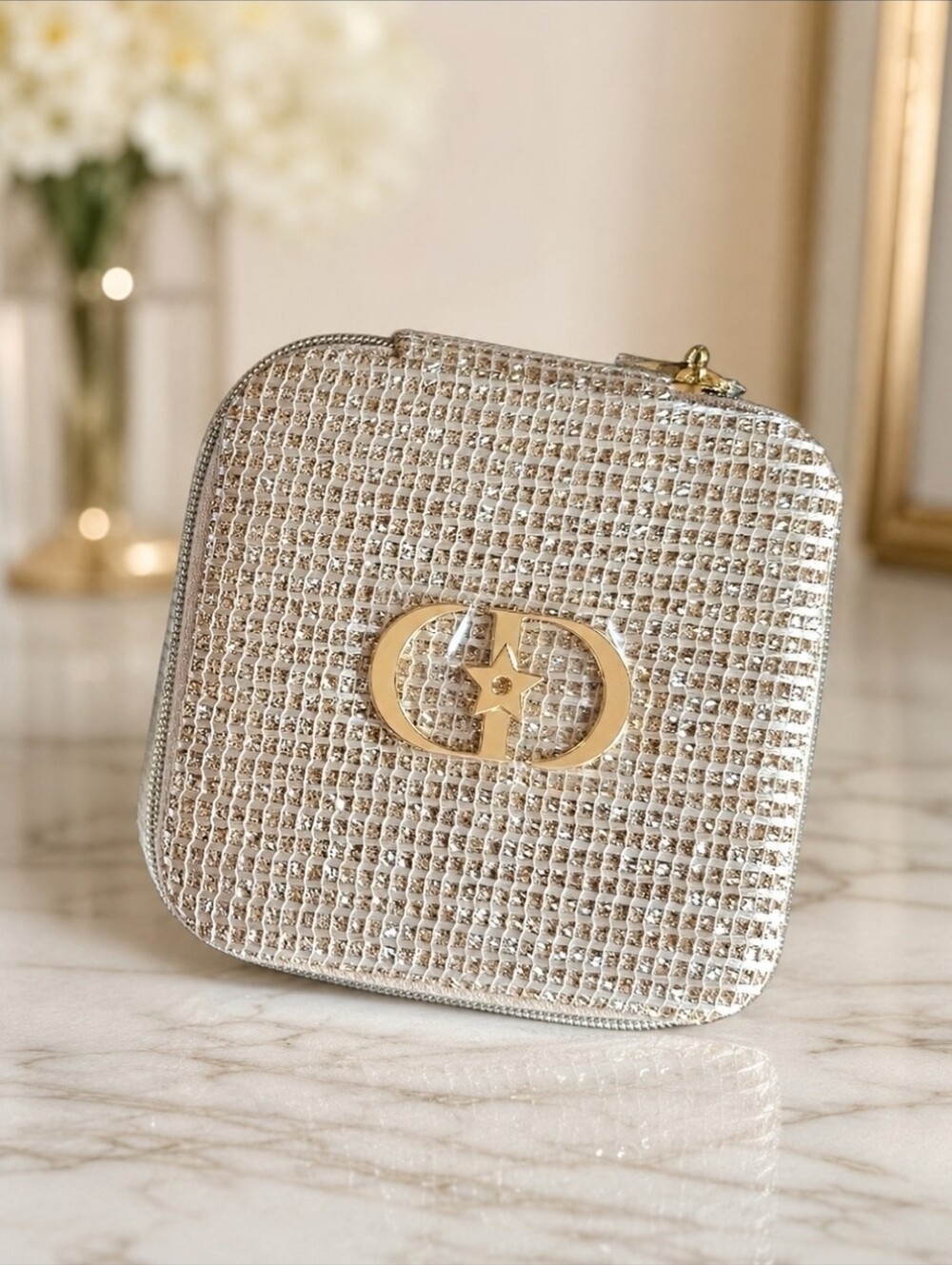 Dior Gold Metallic Compact Jewelry Mirror Vanity Case NEW GWP